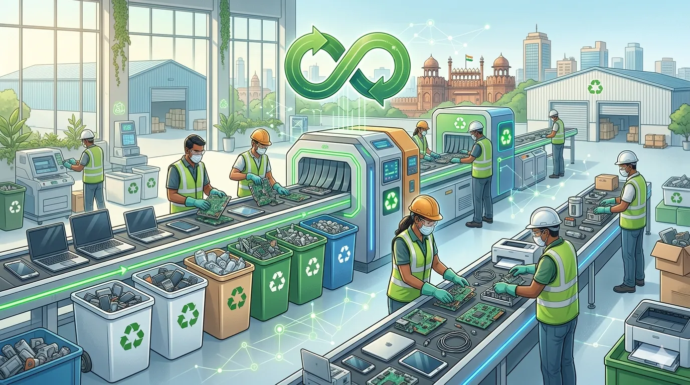 Electronic scrap recycling process in India showing e-waste sorting and sustainable waste management