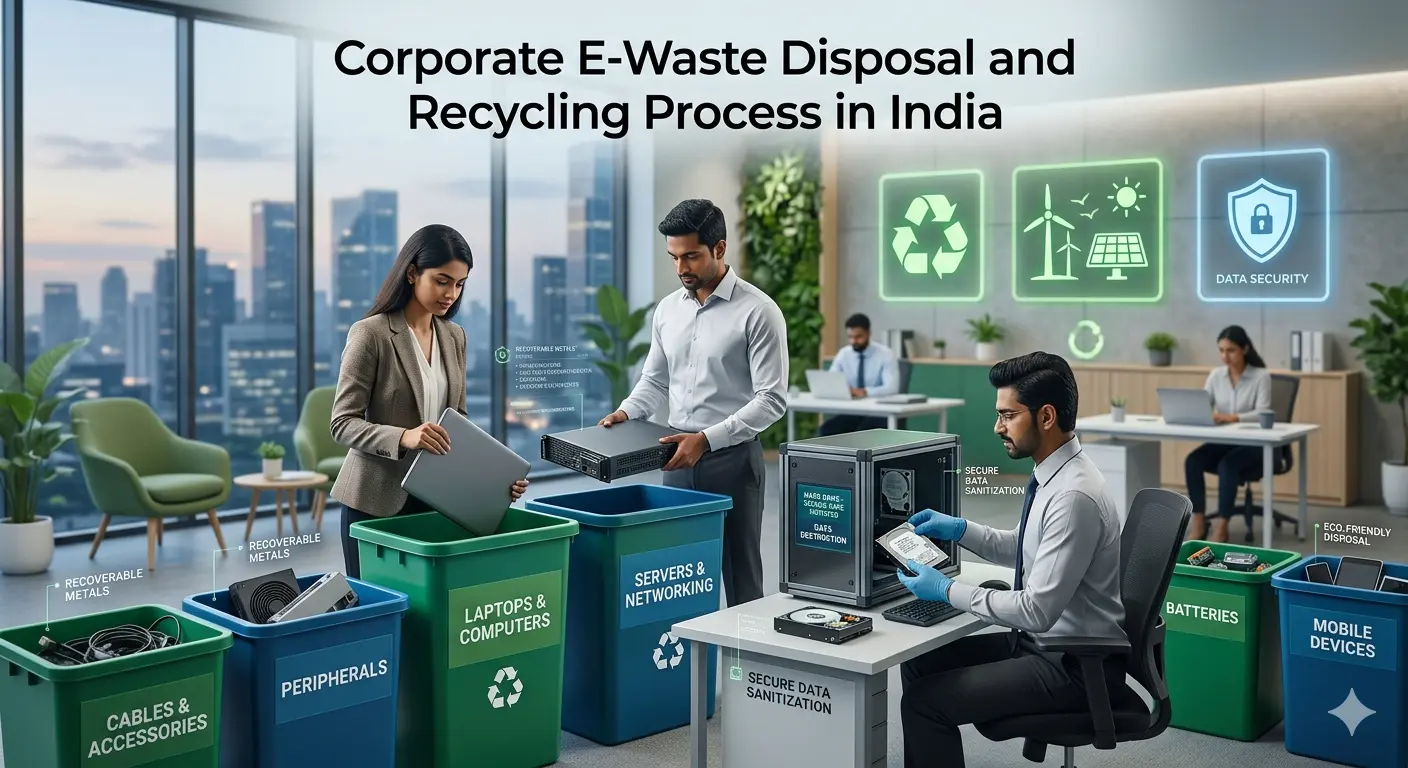 Corporate team managing e-waste disposal with electronic scrap buyers and secure data destruction in an office environment