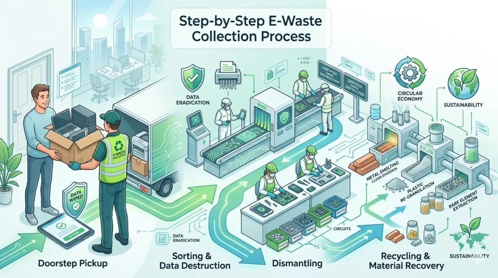 Illustration showing step-by-step e-waste collection process including pickup, sorting, data destruction, and recycling of technology waste