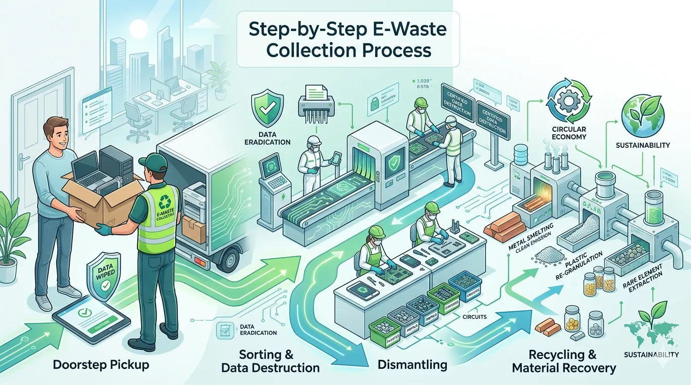 Illustration showing step-by-step e-waste collection process including pickup, sorting, data destruction, and recycling of technology waste