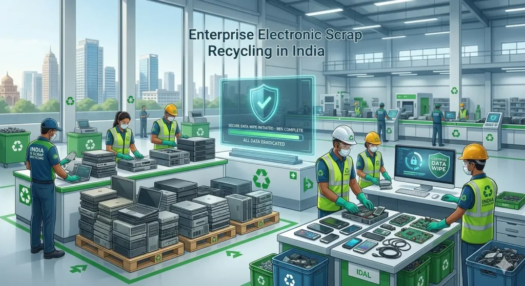 Professionals handling recycling of computer waste and electronic devices in an organized e-waste recycling facility in India