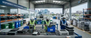 Workers sorting electronic waste at a professional e-waste recycling facility in Delhi NCR with old computers, laptops, and recyclable office electronics.
