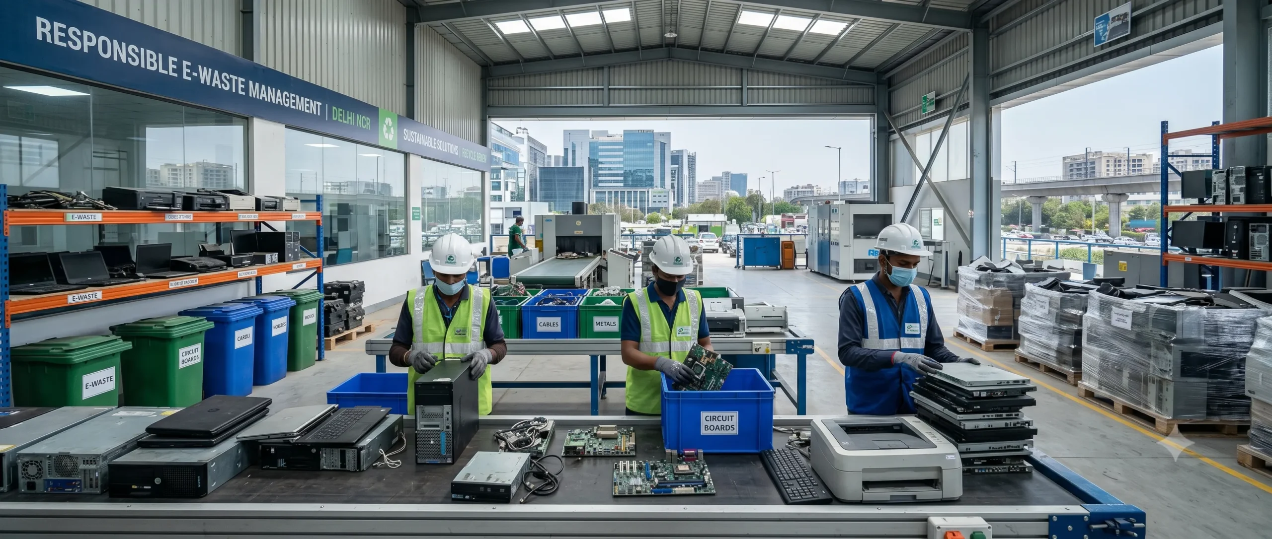 Workers sorting electronic waste at a professional e-waste recycling facility in Delhi NCR with old computers, laptops, and recyclable office electronics.